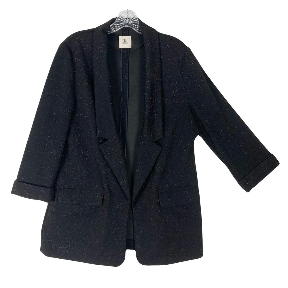 TU Jacket Blazer Womens UK 14/US 10 Black Pink-Glitter-Speckle Open Cuff-Sleeve